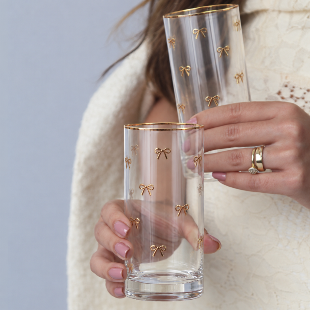 Kit Copo Laço Dourado Vidro – Coleção Elegance