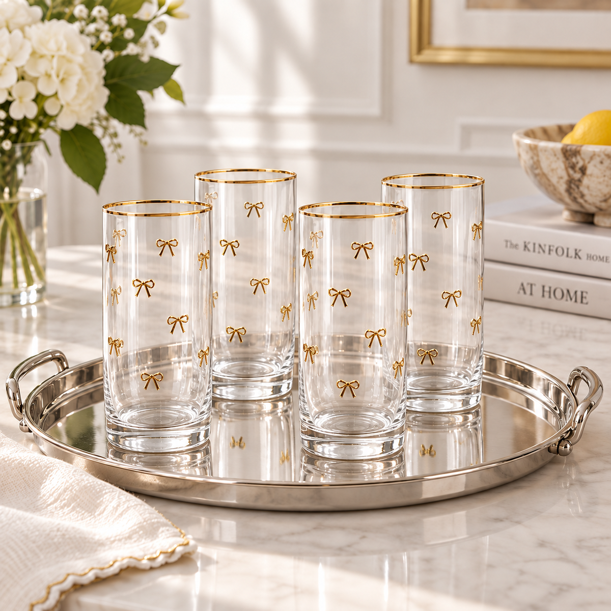 Kit Copo Laço Dourado Vidro – Coleção Elegance