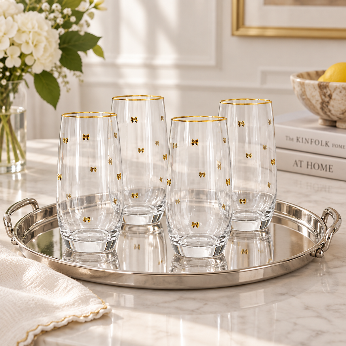 Kit Copo Laço Dourado Vidro – Coleção Elegance