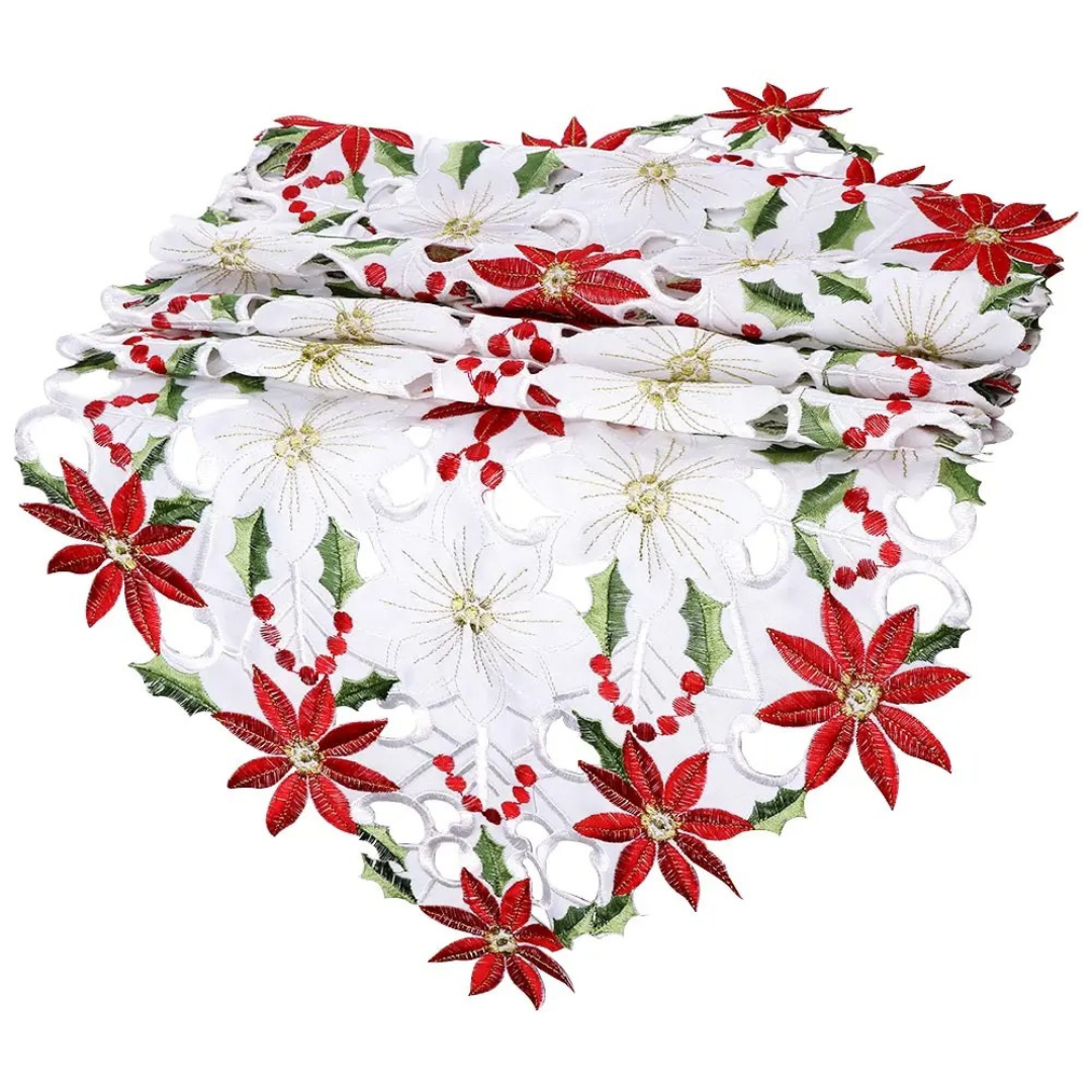 Caminho de Mesa de Natal Bordado Poinsétia
