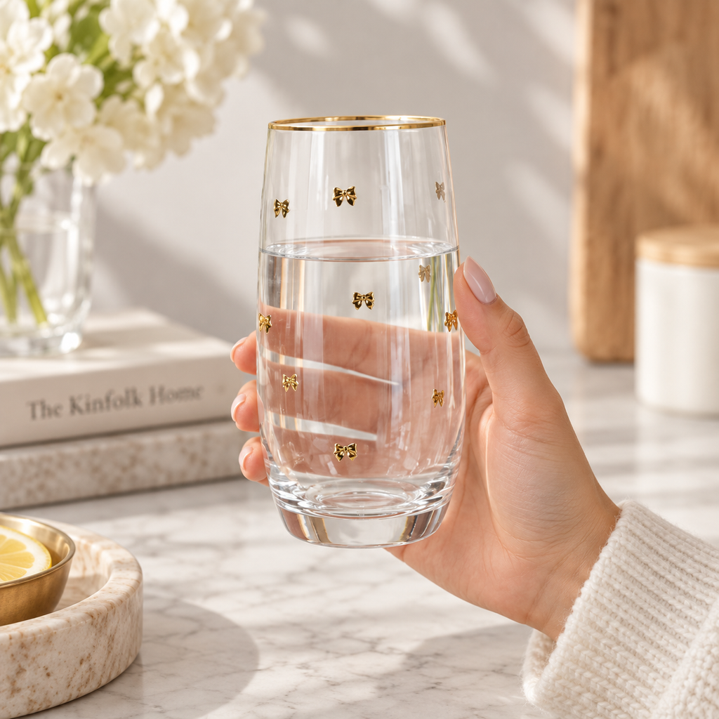 Kit Copo Laço Dourado Vidro – Coleção Elegance